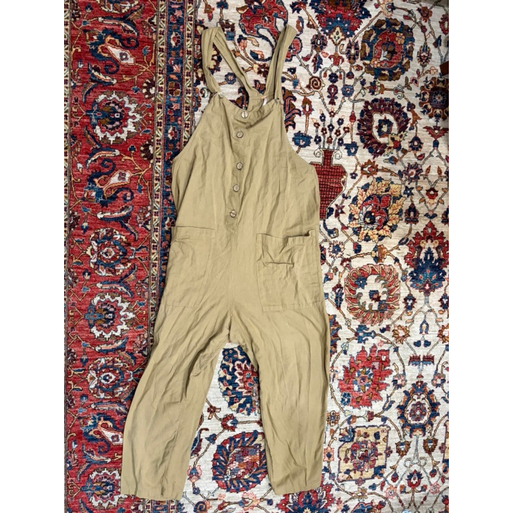 Free People Button Front Overalls Women’s Large Khaki Tan Slouchy Boho